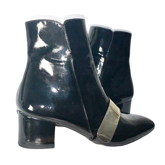 Zara Black/Gold Patent Leather Side Zip Almond Toe Chunky Block Heel Ankle Boots - Picture 2 of 11